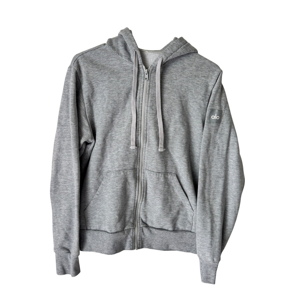 Alo Yoga Heather Gray Full Zip Hoodie Sweatshirt Logo Patch Pockets